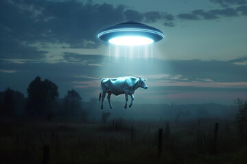 alien ufo abducting a cow, showcasing science fiction concept of animal abduction by alien spacecraf