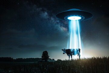 alien ufo abducting a cow, portraying science fiction encounter of animal abduction by extraterrestr