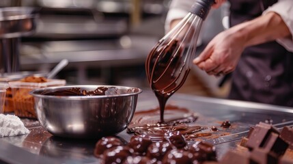 A baker or chocolatier making chocolate bonbons is seen below, whisking melted chocolate and drizzling it onto the counter.