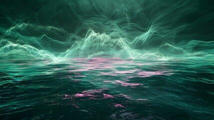 Wall Mural - Abstract empty underwater 3d stage with dark emerald green and pink dreamy water light waves texture. Imaginative fantasy landscape with surreal light effects.
