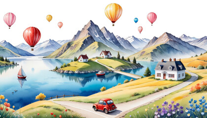 cars horizontal landscape hills lake border ballon clouds pattern poster watercolor seamless illustration ship lonely mountains children house s trail mountain adventure panorama city hot air balloon