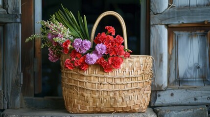 Wall Mural - Gorgeous straw bag adorned with carnation and hyacinth blossoms in season.