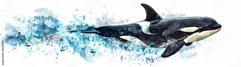 Generative AI watercolor illustration of a killer whale jumping out of ...