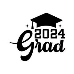 Graduation 2024 grad typography clip art design on plain white transparent isolated background for card, shirt, hoodie, sweatshirt, apparel, tag, mug, icon, poster or badge