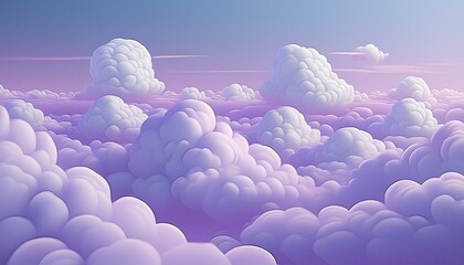 several fluffy, cumulus clouds scattered across a pastel lavender background,