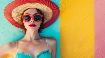 Wall Mural - Traveling on vacation, a fun-loving, colorful beach woman with a beach hat and sunglasses enjoys the summertime activities