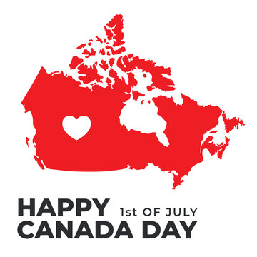 Minimalistic trendy simple social media template for Canada day, 1st of July. Map of Canada with heart on white background. First of July National Holiday Greeting card, geometrical style poster
