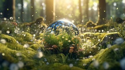 Wall Mural - Earth growing in the Woods with plants and flowers, Earth Day concept