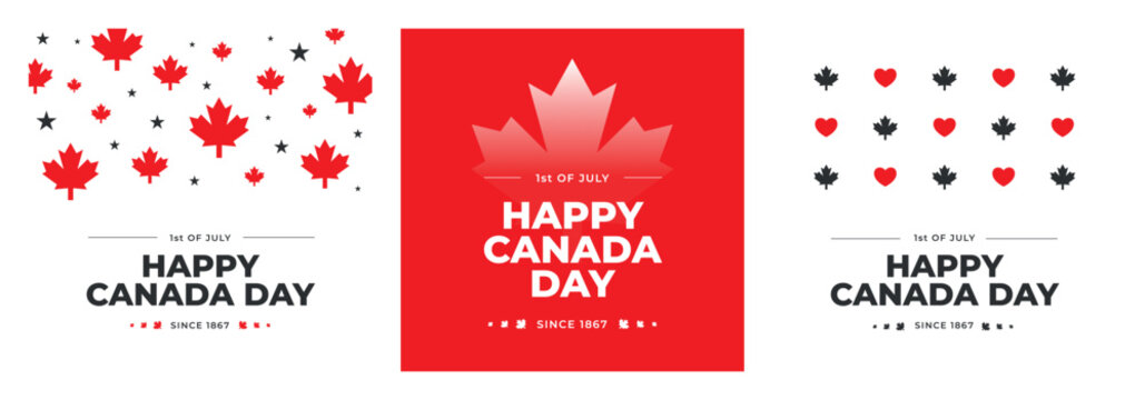 Set of square social media posts, greeting cards. Happy Canada day. Maple leaf silhouettes. Minimalistic geometrical trendy style. Happy 1st of July National Holiday Celebrating Canadian anniversary