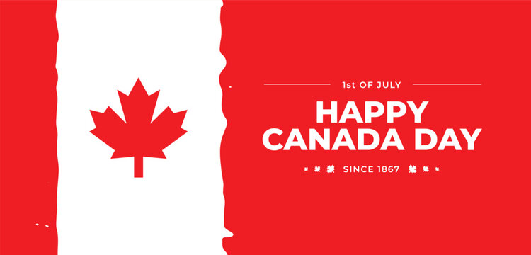 Happy Canada Day illustration background banner or header with red maple leaf on white brush stroke. Template Design Victory day. 1st of July national holiday. Greeting card poster decoration covering
