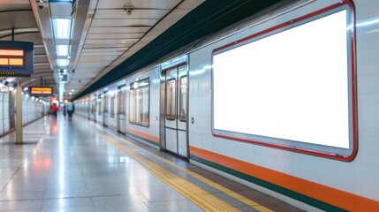 blank advertising billboard or light box showcase on wall inside subway train at station, copy space for your text message or media content, advertisement, commercial