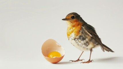 Canvas Print - Charming small bird and eggshell separated on a white background