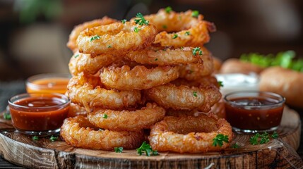 Wall Mural - A towering stack of onion rings on a wooden board. 