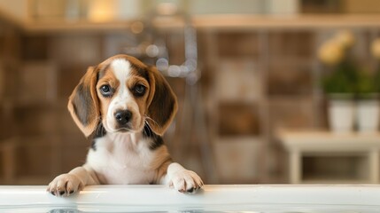 Wall Mural - Adorable Beagle puppy close to bathtub in a bathroom