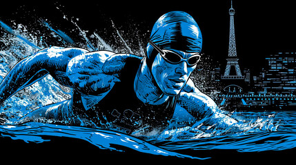 Wall Mural - imple line art minimalist collage illustration with professional athlete performing speed swimming in the pool and Eiffel Tower in the background