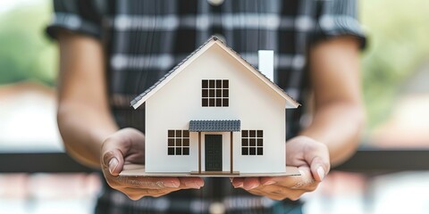 Wall Mural - man holding model house in his hands for mortgage and insurance concept