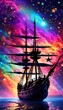 A fantastical illustration of a big ship sailing in a brightly colored galaxy of stars over the sea. 