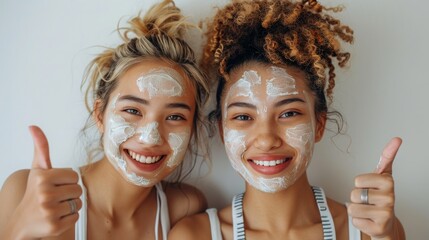 Two happy girls taking care of their skin together