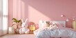 Whimsical minimalist children's bedroom with pink walls exudes simplicity and style. Clean, streamlined furnishings foster a clutter-free, calming space. Pink walls add a playful touch. Minimalist