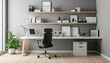Contemporary home office: white desk, black chair, wood shelves. Clean workspace, professional vibe. Grey walls, minimalist art enhance focus. Photorealistic 3D rendering highlights modern, functional