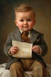Charming baby in mini suit, holding tiny document with grown-up expression. Adorable attire blends innocence with formality. 👶👔📄