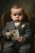 Cute baby in mini suit, holding tiny document with grown-up expression. Adorable attire blends innocence with formality. 😊👶👔📄