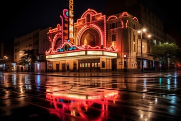 Vintage Theater Illuminated by Bright Neon Marquee Lights in a Bustling City