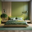 Modern rich luxury bedroom with lime olive color bed velor and khaki dark green painting wall. Minimalist interior design home or hotel. Empty mockup wall for art. wood parquet details. 3d render