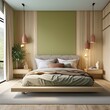 Modern rich luxury bedroom with lime olive color bed velor and khaki dark green painting wall. Minimalist interior design home or hotel. Empty mockup wall for art. wood parquet details. 3d render