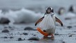 © CassiOpeiaZz - A closeup of a penguin with a plastic grocery bag wrapped around its neck, struggling on the icy shore