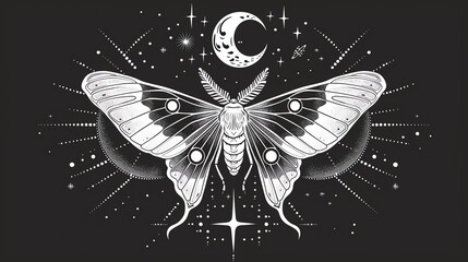 A mystical illustration of a Luna Moth with intricate details. The moth is set against a starry night sky with a crescent moon.