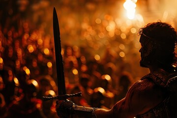 Sticker - a man holding a sword in front of a crowd of people