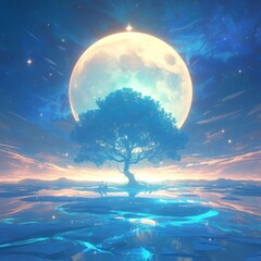 Wall Mural - Surreal 3d landscapes. Romantic moonlit seascapes. 