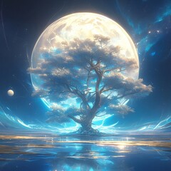 Wall Mural - Surreal 3d landscapes. Romantic moonlit seascapes. 