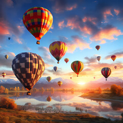 Poster - Colorful hot air balloons taking off at sunrise. 