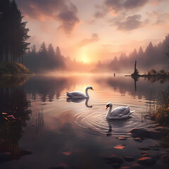 Wall Mural - Peaceful lake with swans swimming.