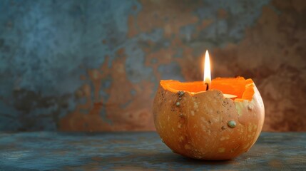 Poster - Burning candle inside crafted pumpkin on blue brown backdrop