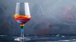 Wine glass containing layers of colorful liquids on dark, textured background