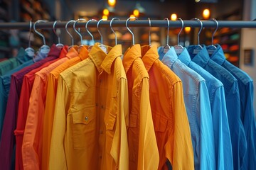 Colorful Shirts on Wire Hangers: A Vibrant Display in an Airy Space