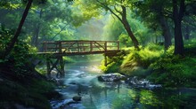 A Tranquil Forest Scene With A Wooden Footbridge Crossing A Meandering Stream, Surrounded By Vibrant Greenery, A Serene Nature Background.
