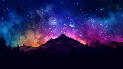 Wall Mural - Silhouette of mountain at night with sky showing beautiful colorful space. looping time-lapse animation video