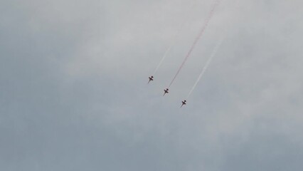 an airshow with fighter jets flying close together at the same speed.