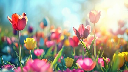 Wall Mural - colorful flowers blooming outdoors on a sunny spring day