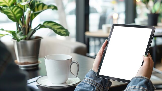 Tablet mockup image, Man using tablet with a cup of coffee in the morning.