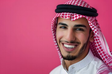 Wall Mural - Happy Arabian Man in Modern Pink Setting