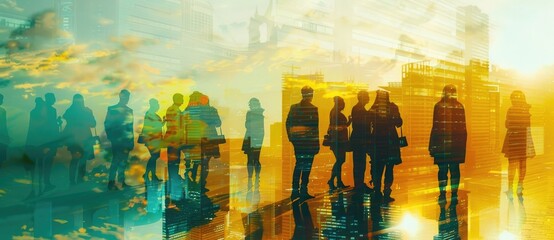 Wall Mural - A group of business people standing in front of the city skyline, double exposure photography, abstract illustration style, yellow and cyan colors, silhouette figures, and urban landscapes.,,in