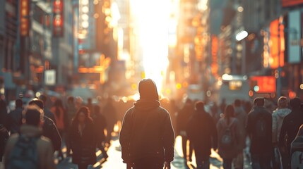 Solitary Individual Navigating the Bustling City Amid Crowds