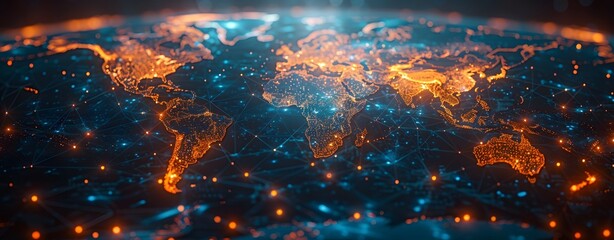 Wall Mural - A Blue Light World Map with Glowing Networks