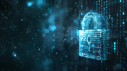 Poster - digital padlock on abstract cyber security technology blue background with binary code