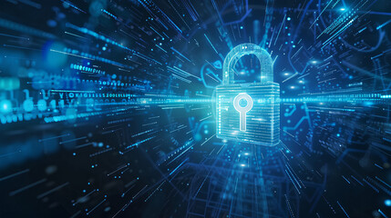 Poster - digital padlock on abstract cyber security technology blue background with binary code